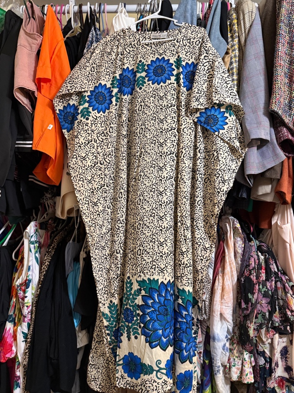 Boho Floral Maxi Kaftan in Blue & Cream